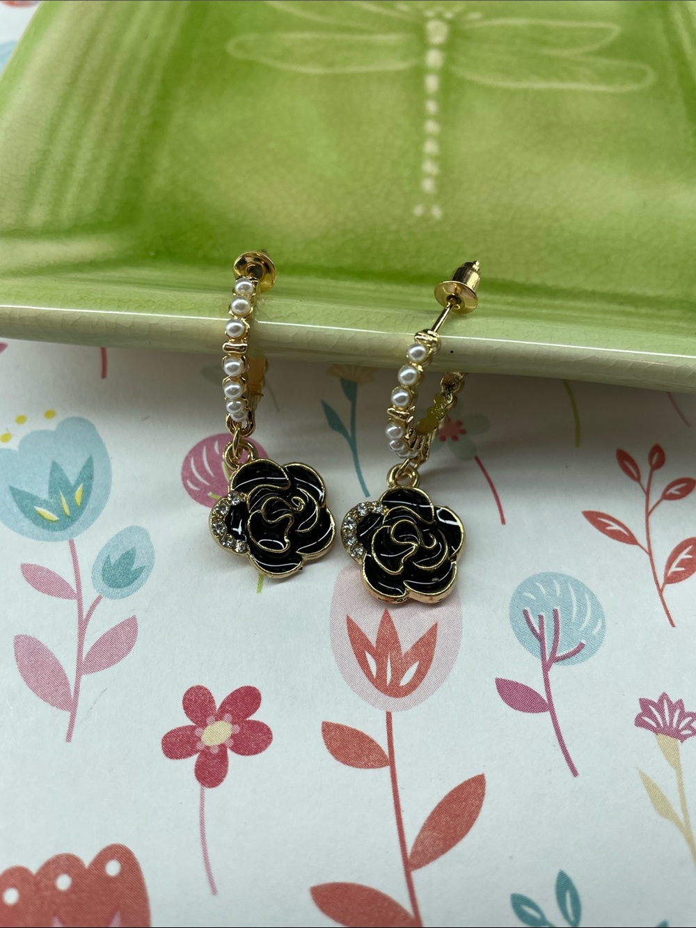 Gold Pearl Hoop Earrings with Black Rose Charm